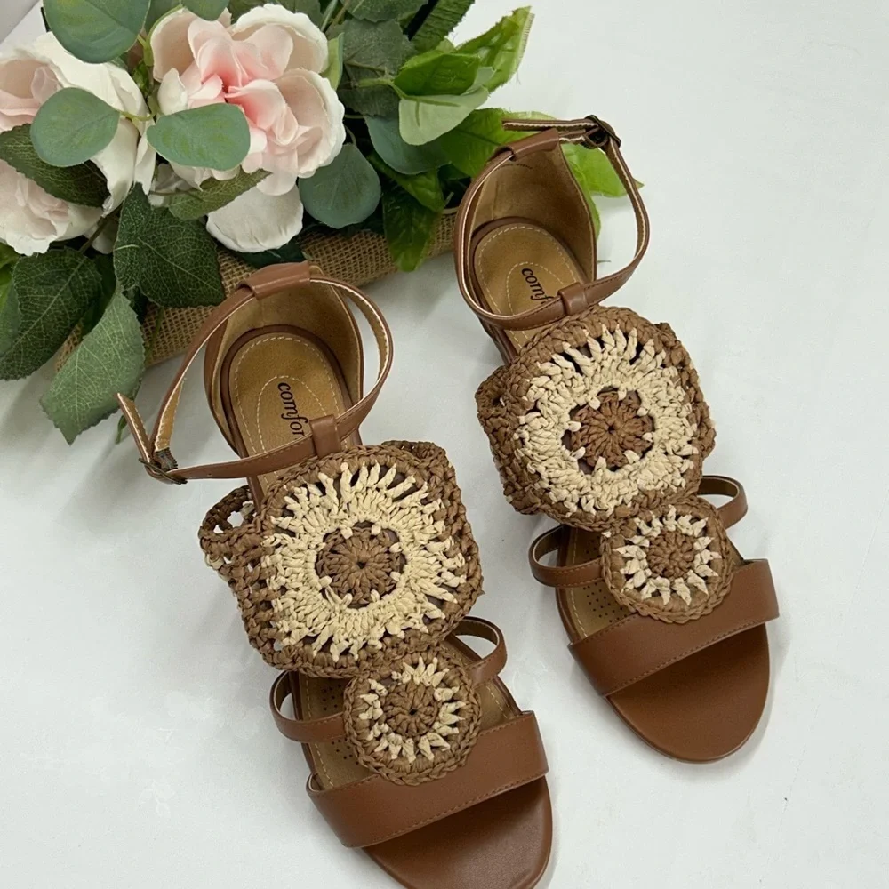 Brown and Cream Women's Sandals